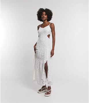 Vestido New Midi Em Renda Com Recorte Vazado Na Lateral E Zíper Branco