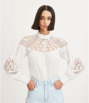 Camisa Manga Longa Em Algodão Com Gola Padre E Rendas Off White