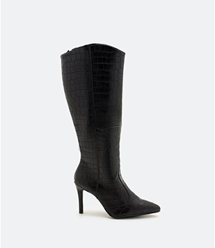 Bota Cano Alto Com Textura Croco Preto