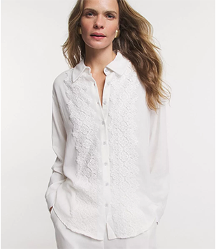 Camisa Manga Longa Em Linho Com Rendas Off White