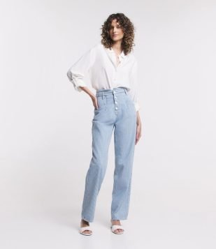 Calça Reta Jeans com Bolsinhos e Estampa Listras
