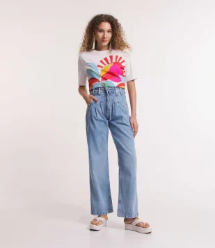 Calça Anos 90 Jeans com Cordão e Recortes