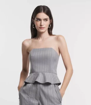 Top Corset Alfaiatado Tomara Que Caia Com Listras Risca De Giz Cinza