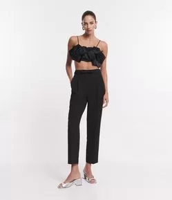 Calça Reta Alfaiatada Com Cinto Laço e Frisos