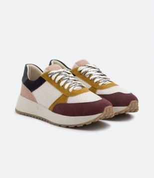 Tênis Jogging Com Blocos De Cor E Costura Aparente Bege Rosa/Marrom/Preto