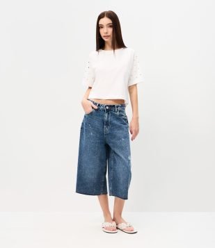 Bermuda Jorts em Jeans com Puídos Azul Escuro