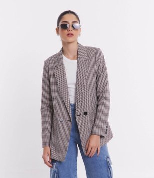 Blazer Alongado Em Alfaiataria Xadrez Marrom/ Preto