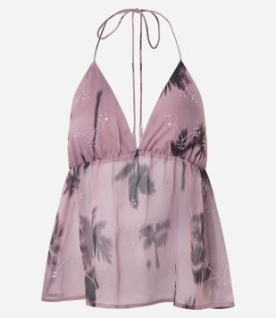 Blusa Frente Única em Chiffon com Estampa Abstrata e Bordados Lilás