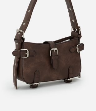 Bolsa Baguete Pequena Com Detalhes de Lapela e Fivelas Marrom