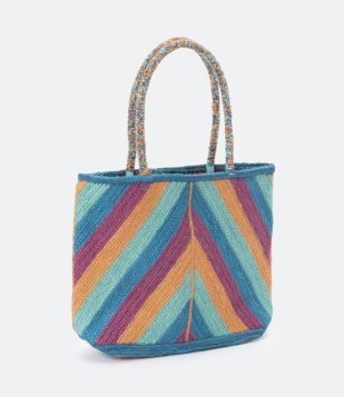 Bolsa De Praia Em Juta Com Miçanga Na Alça E Contraste De Cor Azul/ Rosa/ Laranja