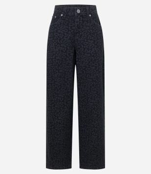 Calça Baggy em Sarja Animal Print Oncinha Preto