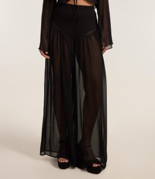 Calça Pantalona em Chiffon com Forro Curto Preto