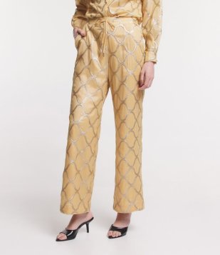 Calça Reta Cintura Alta Em Amarração E Paetês Em Linhas Ondulares Bege Alaranjado