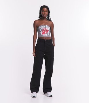 Calça Wide Leg Em Sarja Com Bolso Cargo Sem Lapela Preto