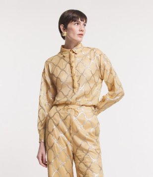 Camisa Alongada Manga Longa Com Paetês Em Ondas Bege Alaranjado