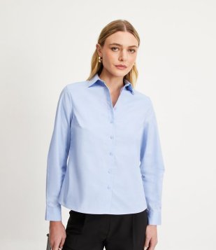 Camisa Manga Longa Em Tricoline Azul