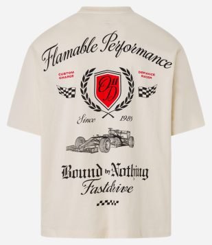 Camiseta Boxy em Algodão com Estampa de Automobilismo Bege