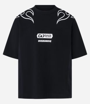 Camiseta Oversized em Malhão com Estampa Lettering e Tribal de Chamas Preto