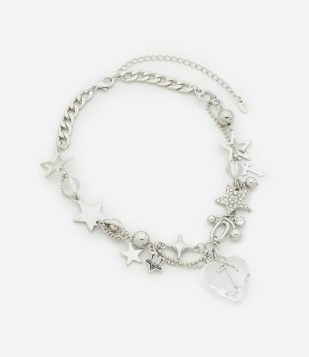 Colar Maxi em Metal com Pingentes Múltiplos de Estrela Coração Cruz Prata