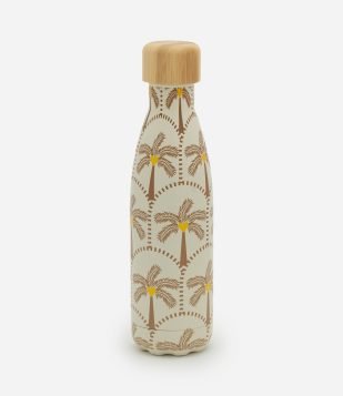 Garrafa em Metal com Estampa de Coqueiros e Tampa de Bamboo Bege