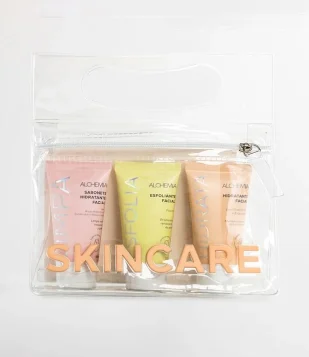 Kit Skincare com Necessaire Transparente + 1 Sabonete Liquido + 1 Sabonete Esfoliante + 1 Hidratante para o Rosto Alchemia KIT