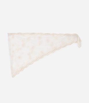 Lenço Triangular em Renda com Bordado e Acabamento Ondulado Off White