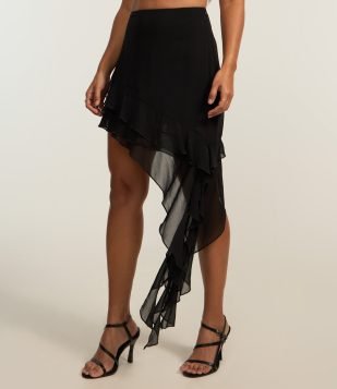 Saia Curta em Chiffon com Babados e Ponta Alongada Preto