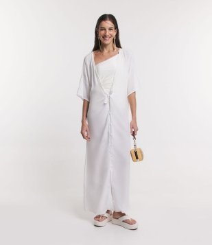 Saída De Praia Vestido Longo Em Viscose Com Amarração Frontal Branco