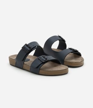 Sandália Slide em Pu com Tiras e Fivelas Cinza