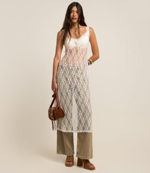 Vestido Long Midi em Renda com Transparência Branco