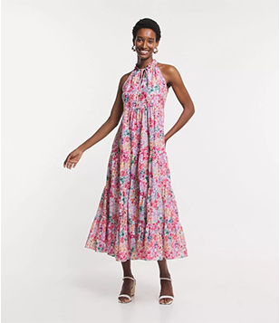 Vestido Longo Sem Manga Em Tricoline Com Flores Aquareladas Estampadas Multicores