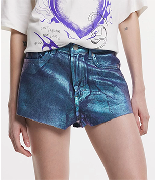 Short Cintura Alta com Foil e Bolsos Azul