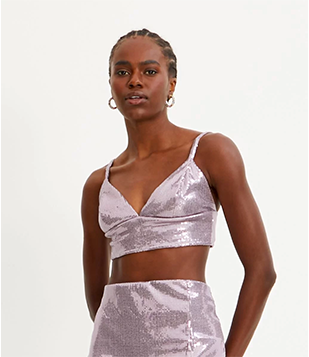 Top De Alça Em Paetê Metalizado Rosa Prateado