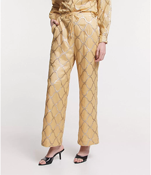 Calça Reta Cintura Alta Em Amarração E Paetês Em Linhas Ondulares Bege Alaranjado