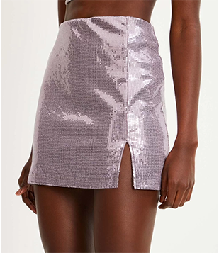 Saia Curta Em Paetê Metalizado Com Fenda Lateral Rosa Prateado