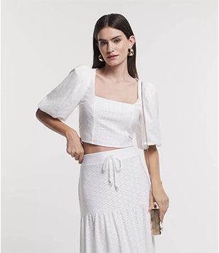 Blusa Em Laise Texturizada Com Manga Curta Balonê Branco