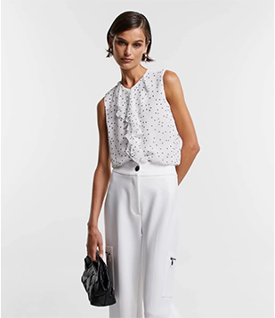 Blusa Sem Manga Em Chiffon Com Babado E Poás Estampados Off White