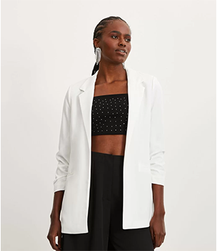 Blazer Longo Alfaiatado Em Crepe Com Manga Enrugada Off White