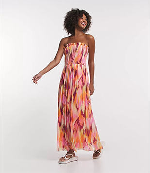 Vestido New Midi Tomara Que Caia Com Corpo Em Lastex E Estampa Abstrata Laranja