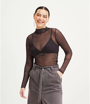 Blusa Em Tule Com Gola Alta Manga Longa E Estampa Poá Preto