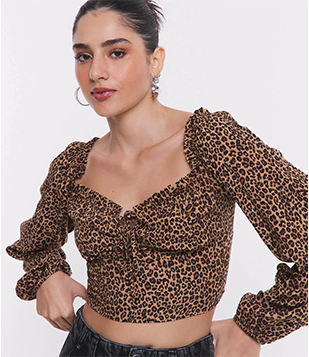 Blusa Cropped Em Viscose Estampa Animal Print Oncinha Marrom