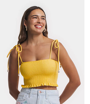 Blusa Regata Cropped Em Viscose Com Lastex Amarelo