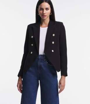 Blazer Alfaiatado Acinturado Em Crepe Com Botões Com Brasões Preto