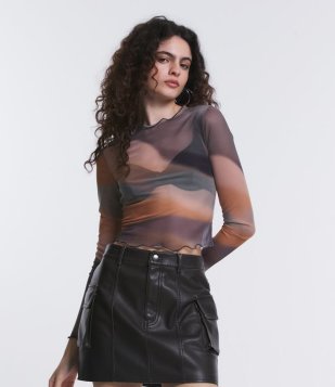 Blusa Manga Longa Em Tule Com Manchas Estampadas Multicores