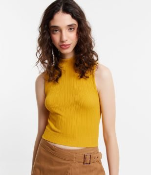 Blusa sem Manga Seamless com Gola Alta e Textura Amarelo