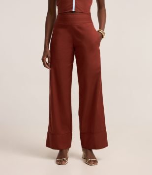 Calça Pantalona em Tricoline com Cós Largo Marrom