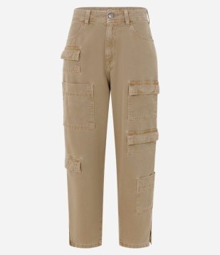 Calça Reta Cropped Em Jeans Com Bolsos Cargo Bege
