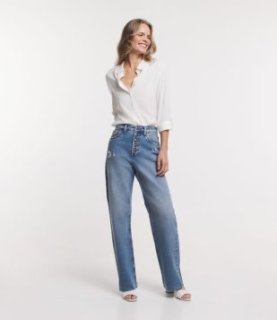 Calça Reta Jeans Ampla Com Botões Azul