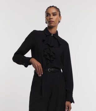 Camisa Em Crepe Com Gola De Babado Jabô Preto