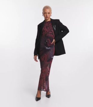 Vestido New Midi Em Tule Com Estampa Abstrata Asa De Borboleta Preto